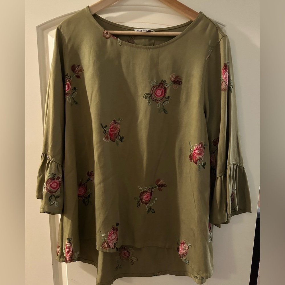 John Mark Olive Green Floral Embroidered Blouse with Pink Roses